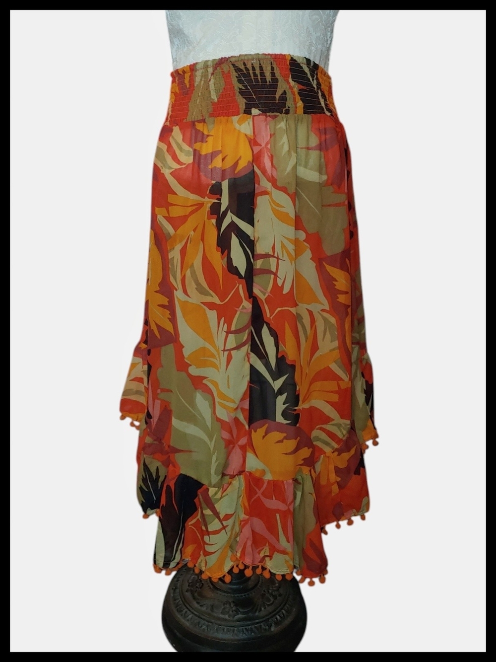 True Destinations Floral Orange Pom-Pom High-Low Skirt - Picture 2 of 5